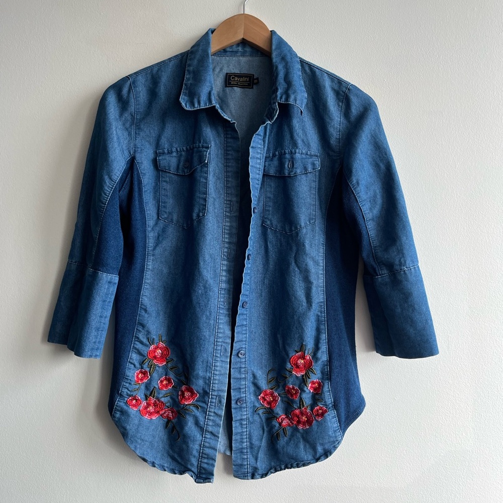 Cavalini Embroidered Roses Denim Button Up Shirt Size M 90s Vintage